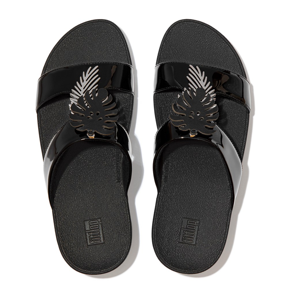 Fitflop Womens Slides Black - Lottie Jungle-leaf Patent - 14DVLCEFH